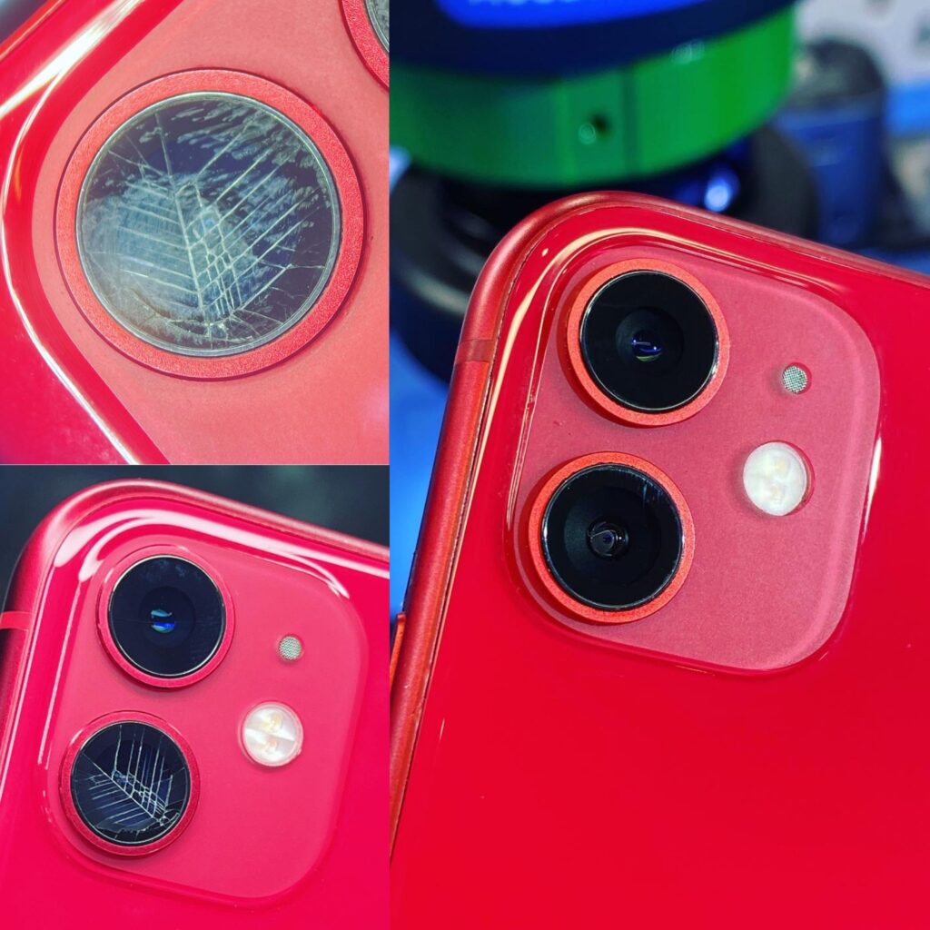 Повреждённые и заменённые стёкла задних камер красного iPhone 11