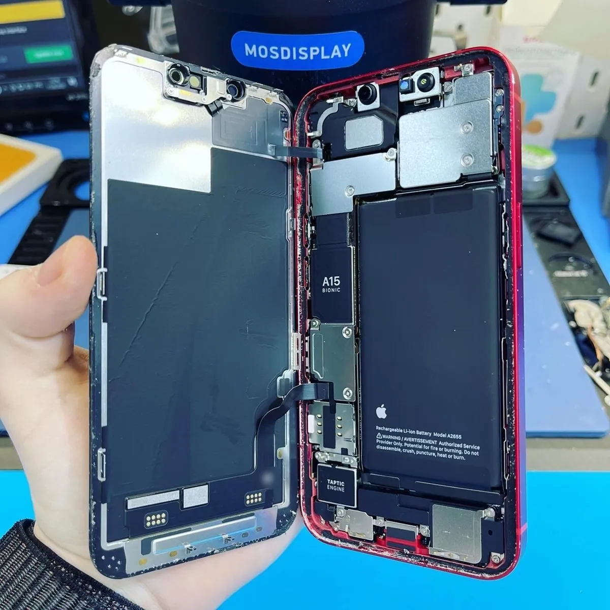 iPhone 13 вскрыт перед заменой стекла, экран откинут на шлейфах